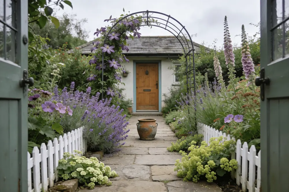 An idyllic small English cottage front garden viewed from the gate