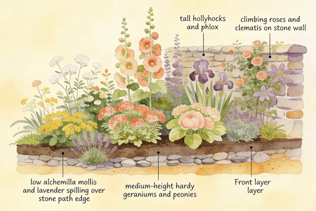 A detailed cross-section illustration of a cottage garden border