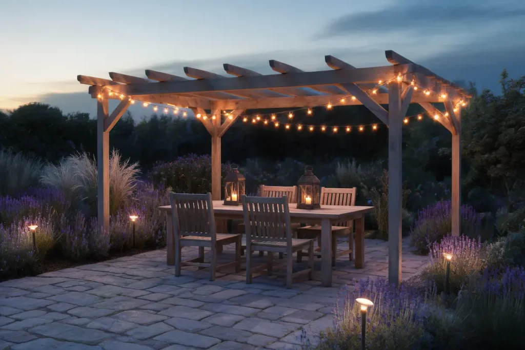 garden pergola at night