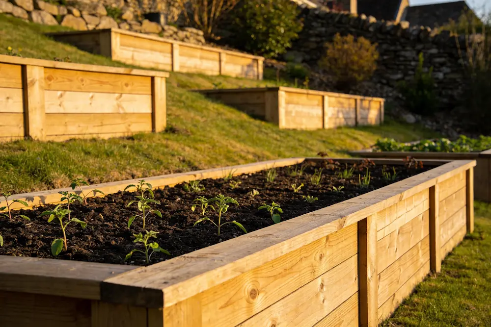 Sloped backyard fixed with raised bed garden