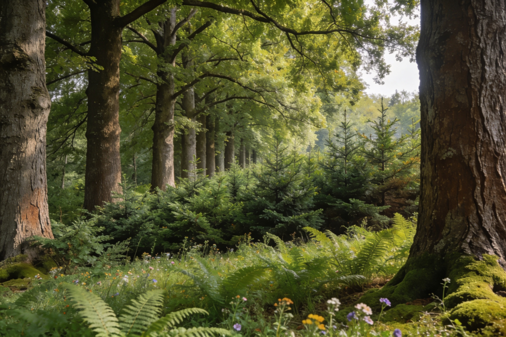 plants and trees in woods in layers